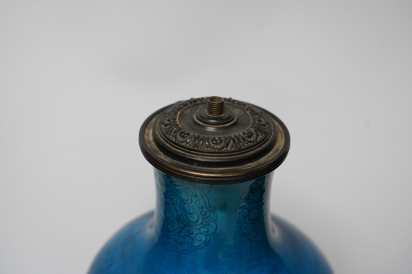 A Chinese blue glazed vase converted to a lamp base, 47cm high. Condition - fair, crazing throughout